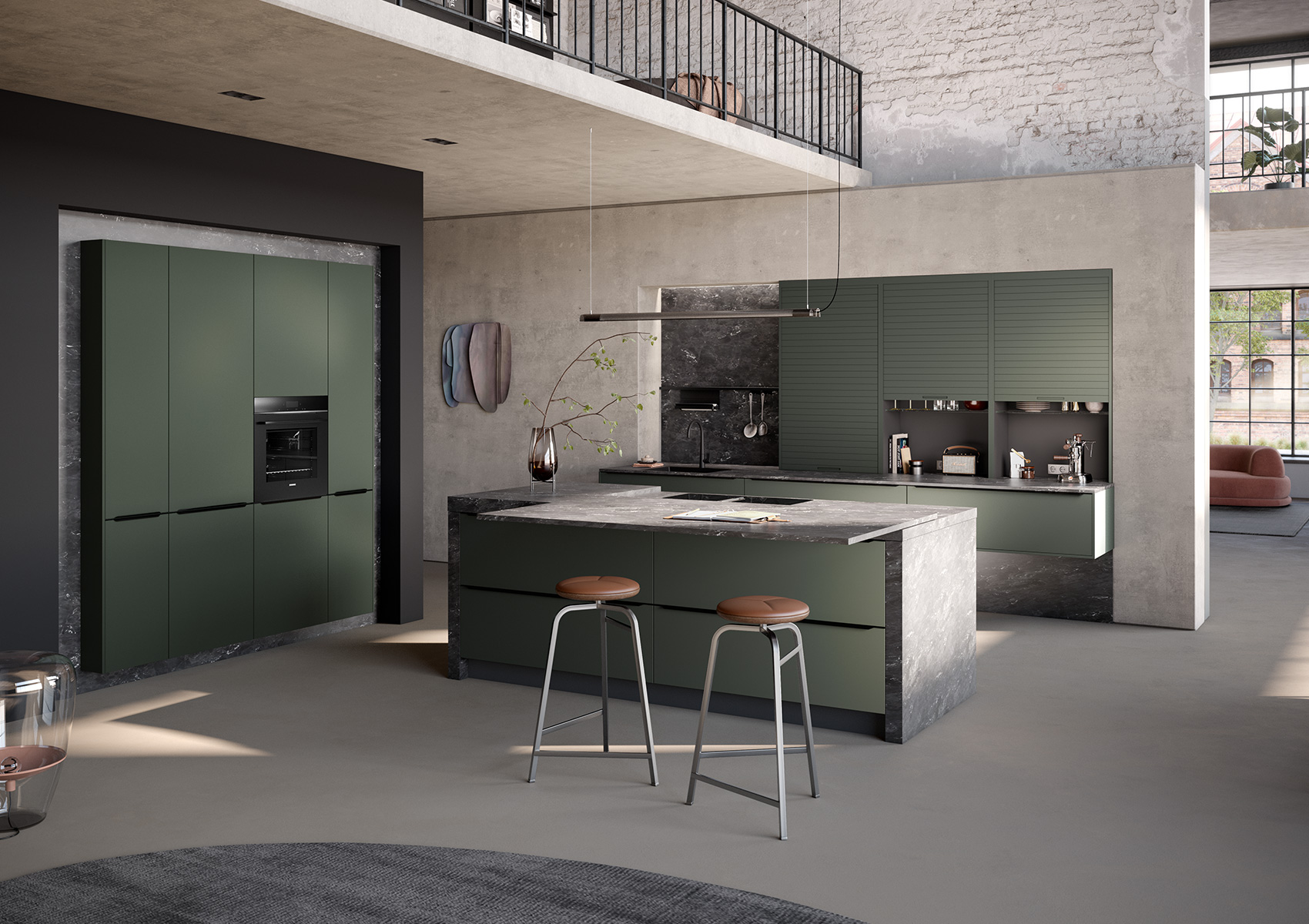 Cocina Häcker AV 5015 en verde oliva metálico con Negresco satinado
