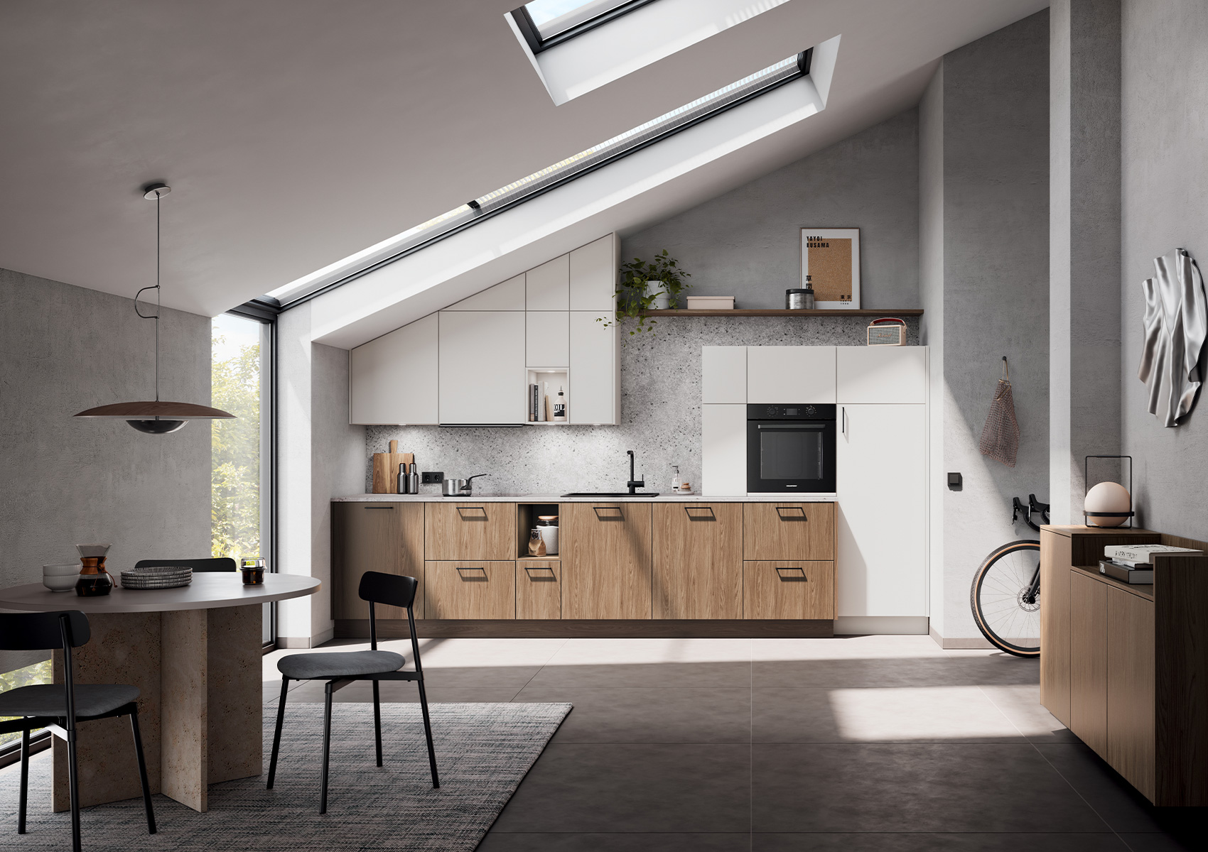 Cocina Häcker concept130 Toronto en olmo moca con frente Perfect Soft gris arena